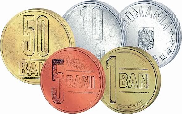 Monete della Romania: 1 ban; 5 bani; 10 bani; 50 bani.