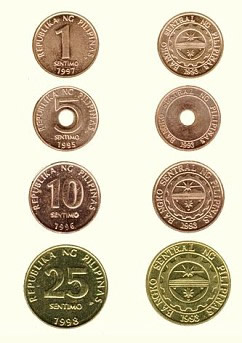Monete (centesimi) che formano il peso filippino meno utilizzate